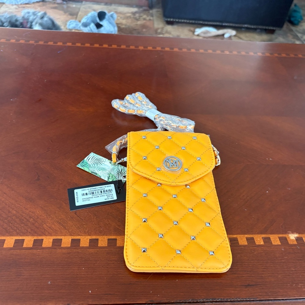 Badgley Mischka Yellow  Quilted with Studs Phone Wallet.